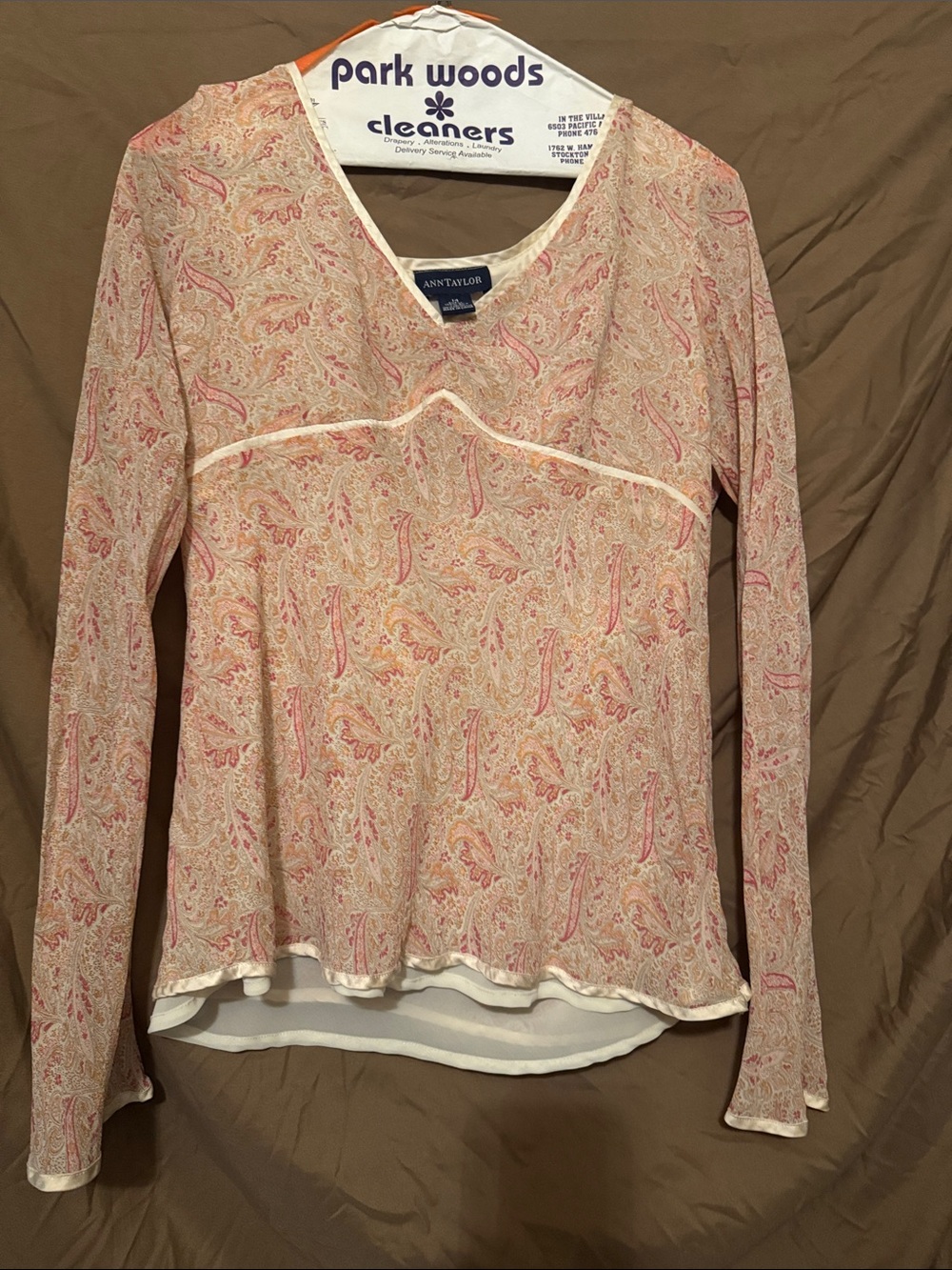 Ann Taylor Cream and Pink Paisley Long-Sleeve Top